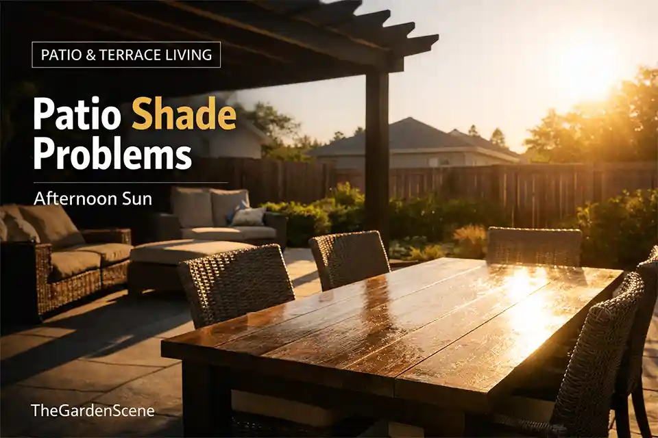Backyard patio with poor shade planning leaving the main seating and dining area exposed to afternoon sun