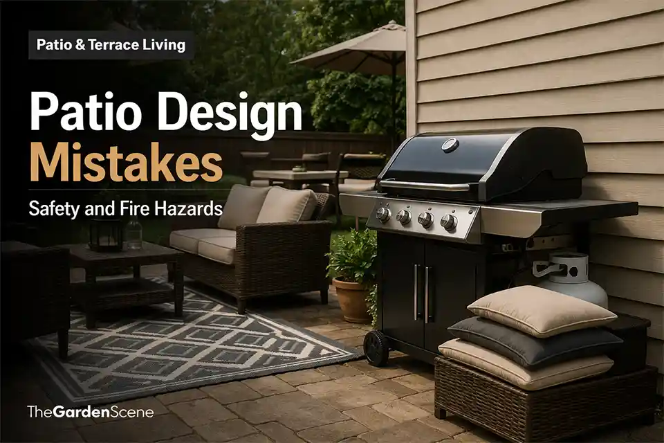 Backyard patio with grill too close to house siding, rug, and cushions creating fire and safety hazards