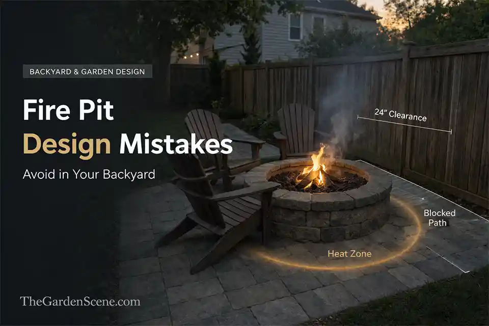 Backyard fire pit too close to a fence with overlay showing tight clearance, heat zone, and blocked walkway behind the chairs.