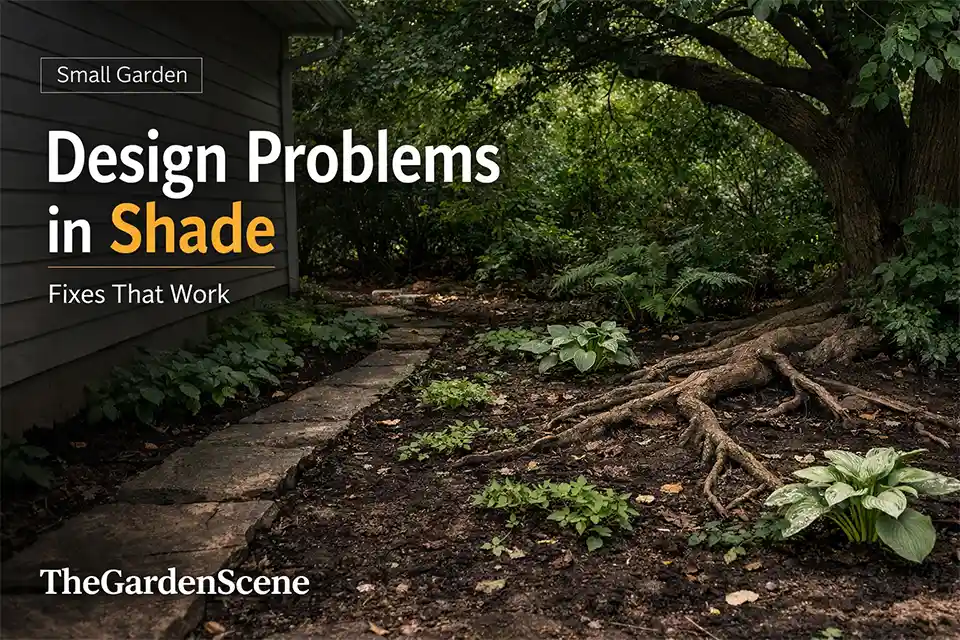 Small shaded garden beside a house with a cramped layout, exposed roots, sparse planting, and dense tree shade