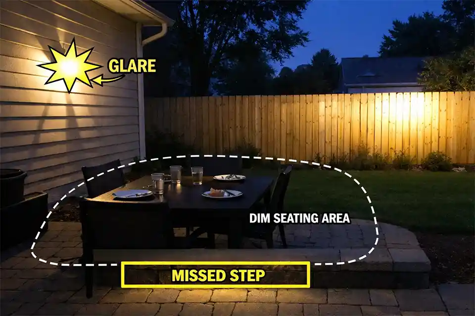 Backyard patio at night with overlay showing glare from an unshielded wall light, an overlit fence, and a dim dining area and missed step edge