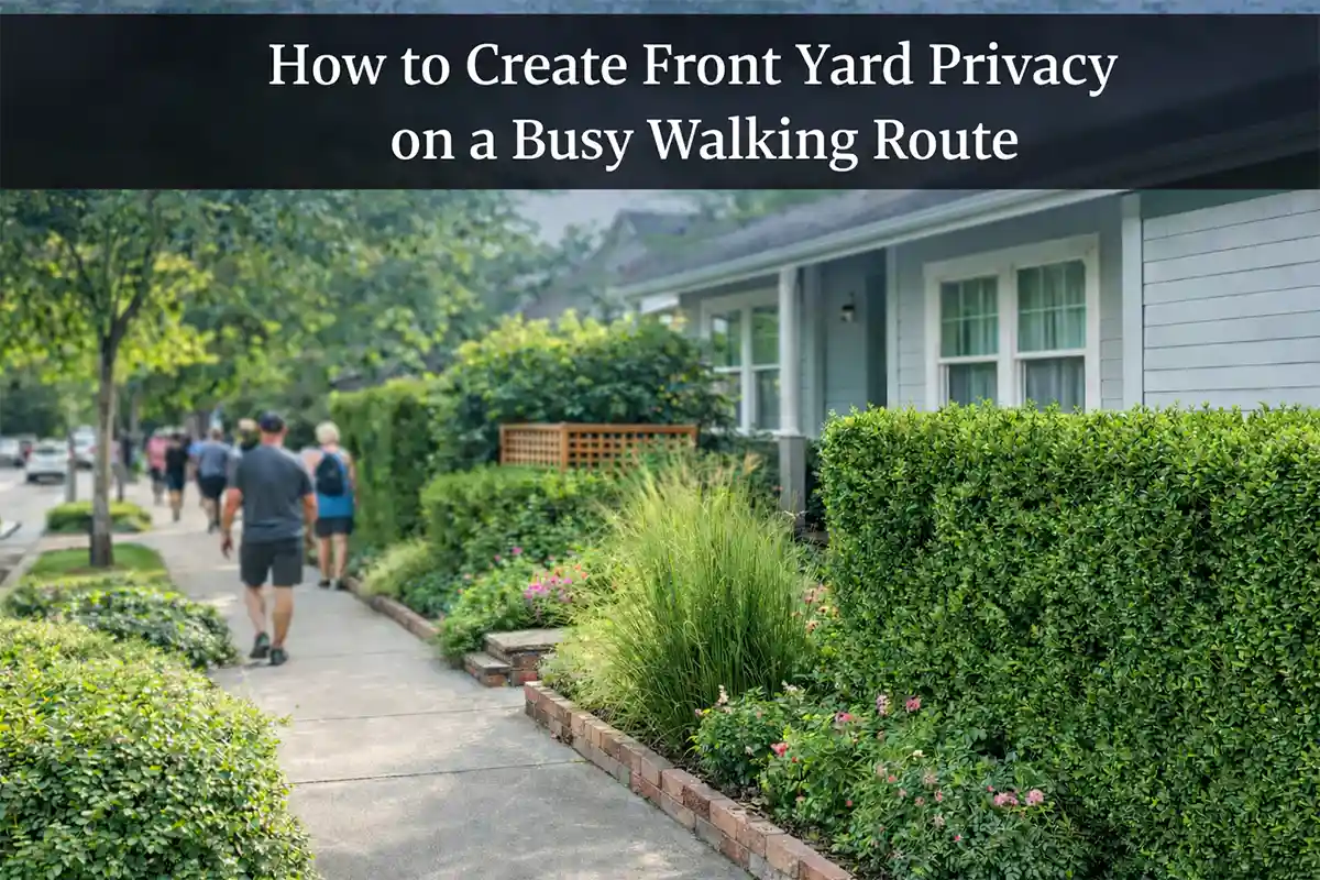 Front yard privacy landscaping along a busy pedestrian sidewalk near a residential home.