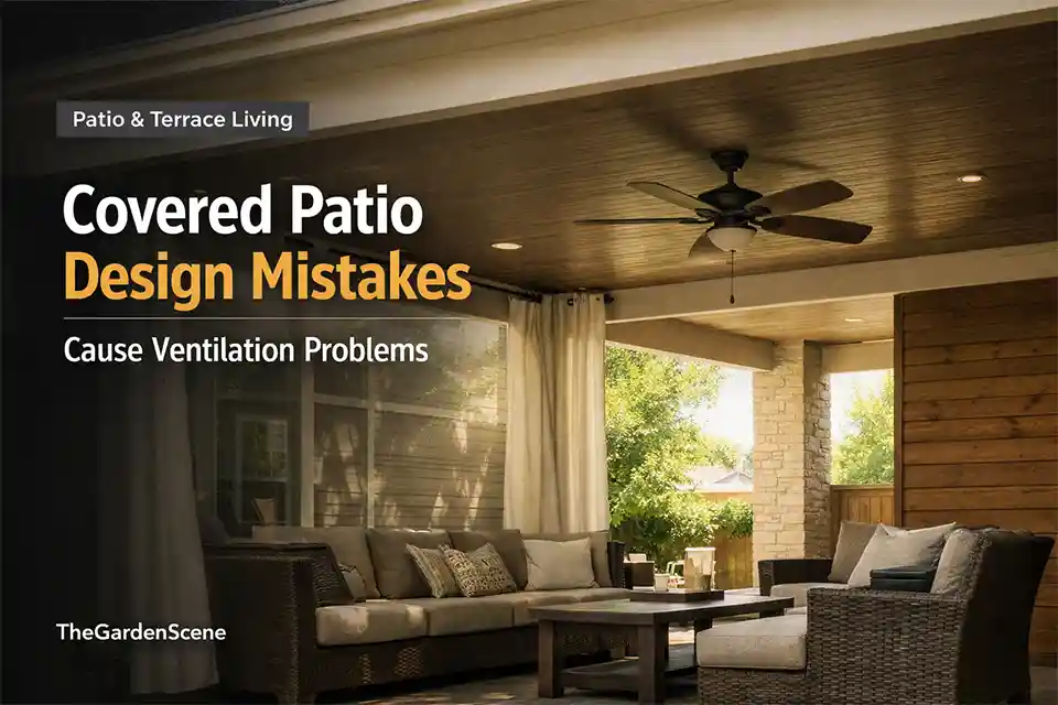 Covered backyard patio with a deep roof, low ceiling, and blocked side airflow creating a stagnant seating area