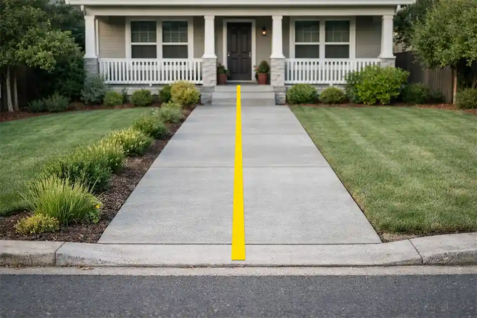 Front yard driveway with overlay showing the direct sightline from the curb to the porch and lower front windows