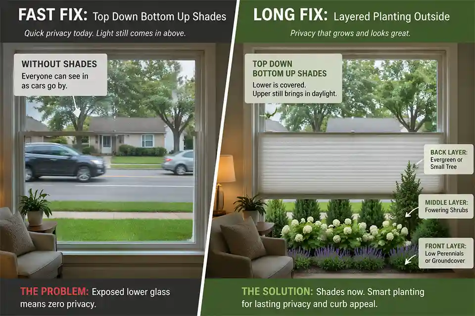 Comparison of an exposed street-facing front window and the same window with top down bottom up cellular shades for privacy while keeping daylight.
