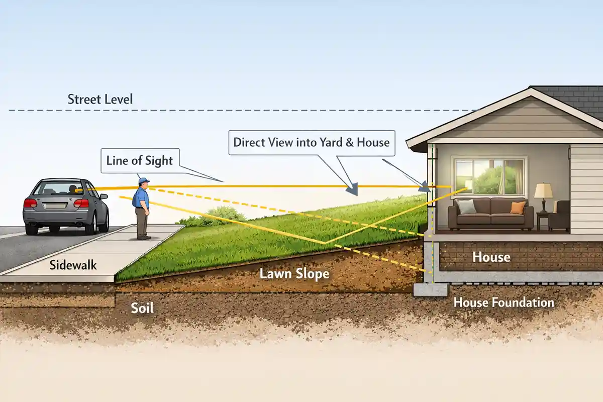 Cross-section diagram showing how a downhill front yard allows sightlines from a higher street to travel directly into the yard and home.