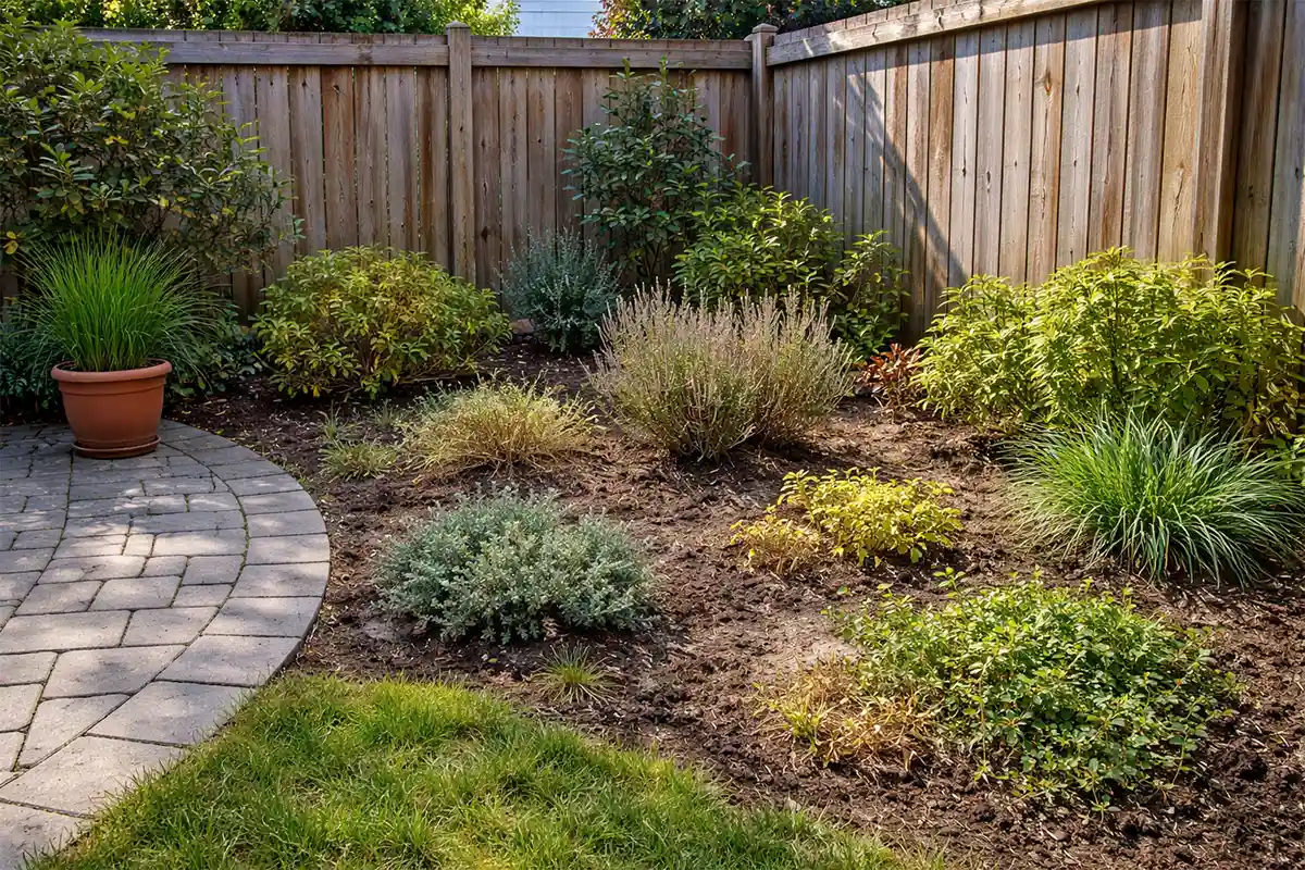 Small backyard garden with struggling low-maintenance plants, patchy growth, and uneven soil moisture.