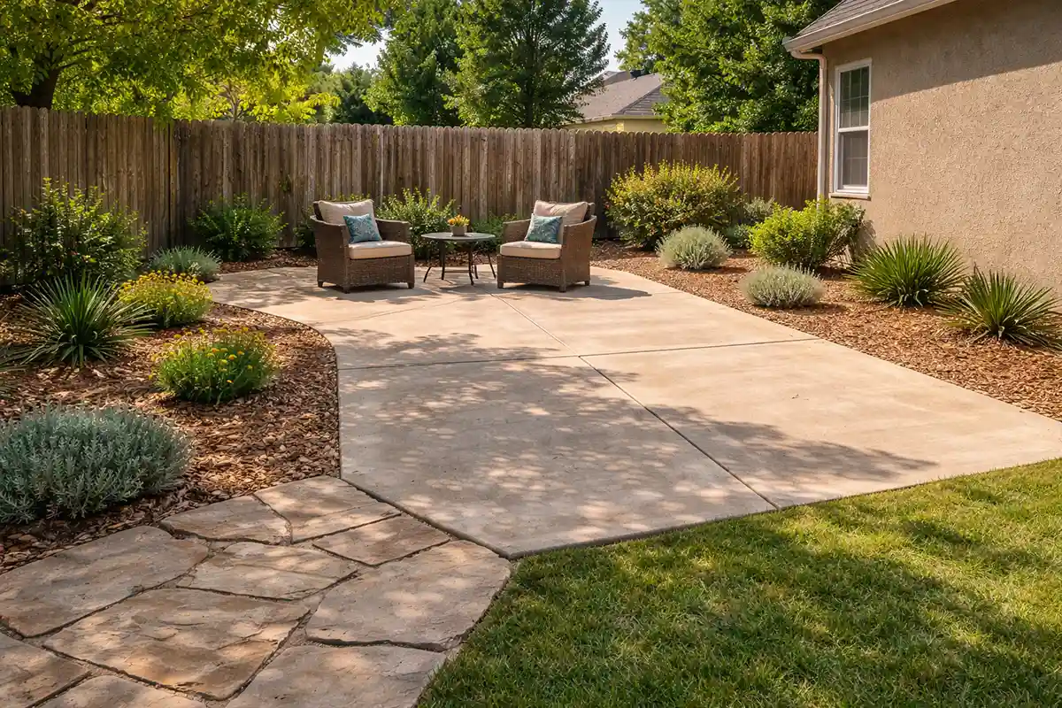 Small backyard dominated by large concrete patio and minimal planting under intense afternoon sun.