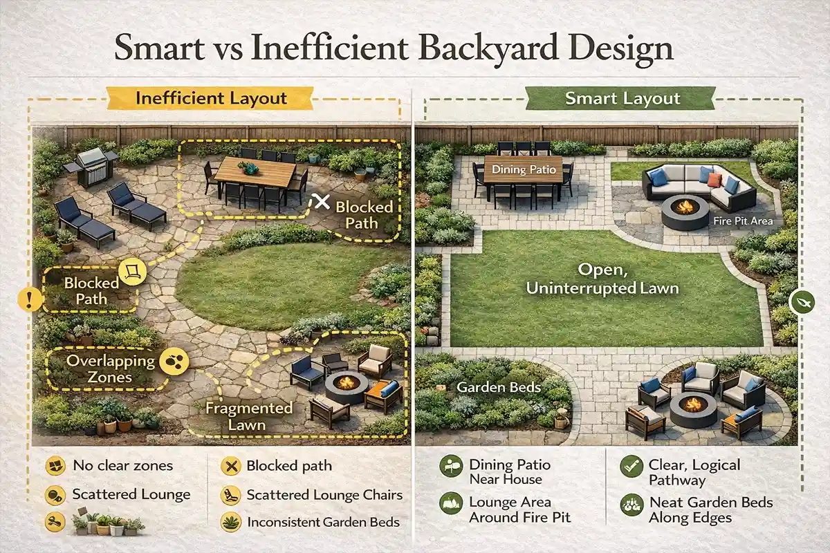 Comparison showing poor backyard layout versus organized backyard zones with clear walking paths.