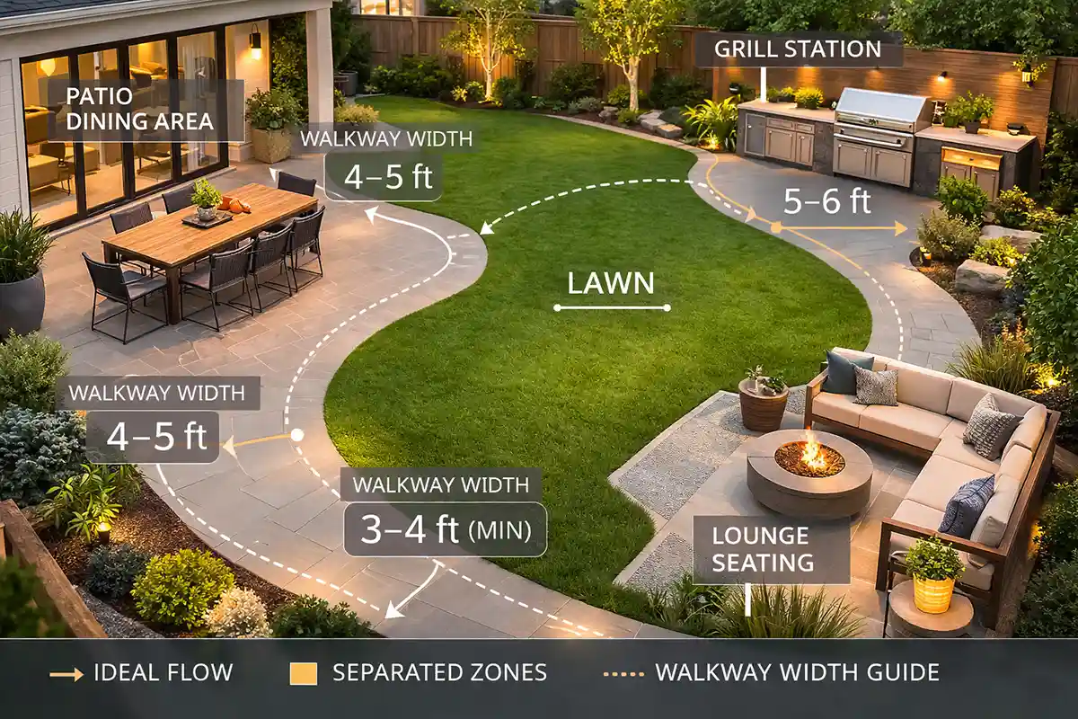 Backyard layout diagram showing zones and recommended walkway spacing