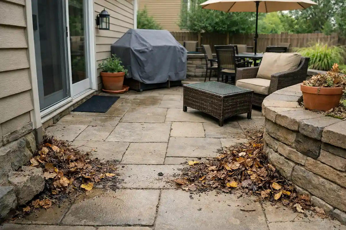 Backyard patio collecting leaves and debris showing maintenance challenges in hardscape areas.