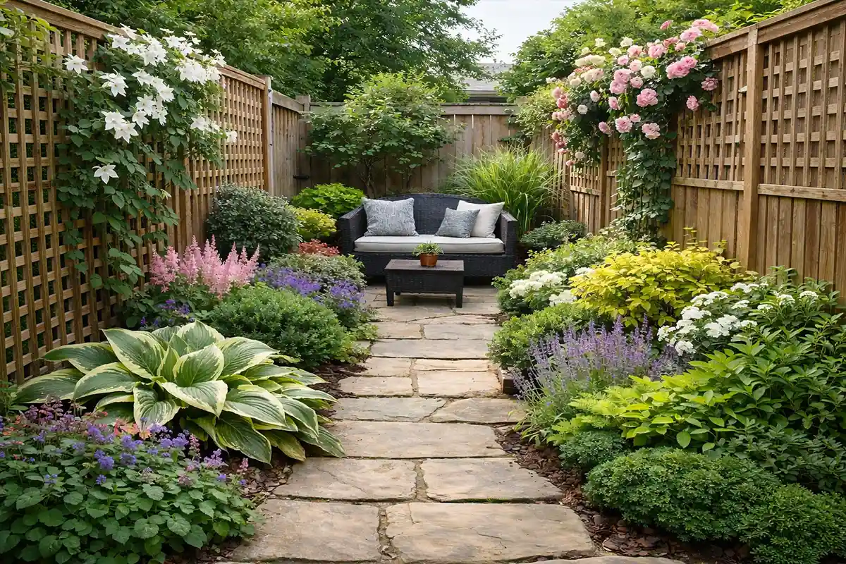 Layered planting along fences reducing visual compression in narrow backyard