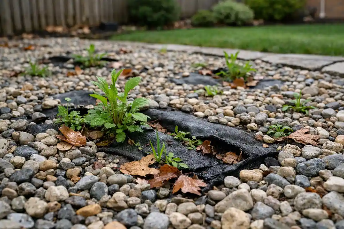 Gravel garden bed with weeds growing between stones showing maintenance problems