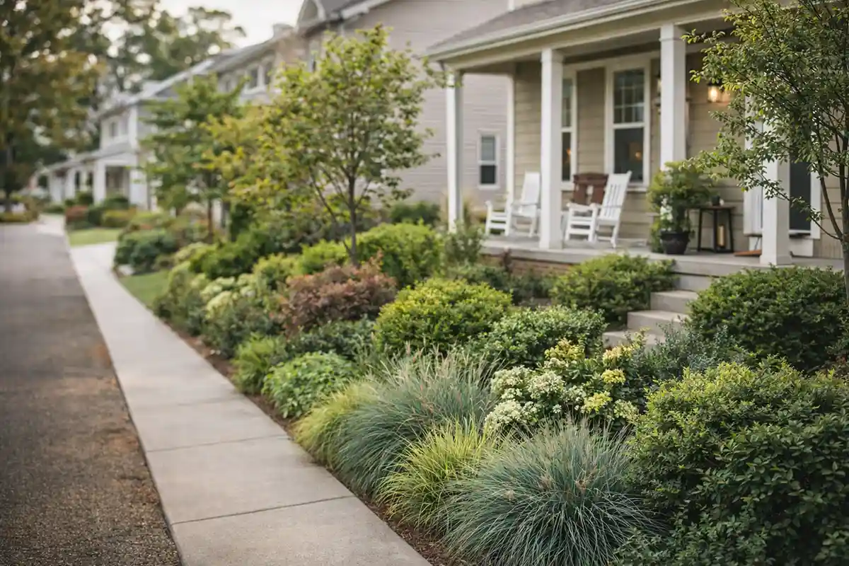Layered privacy planting between sidewalk and front yard in suburban neighborhood