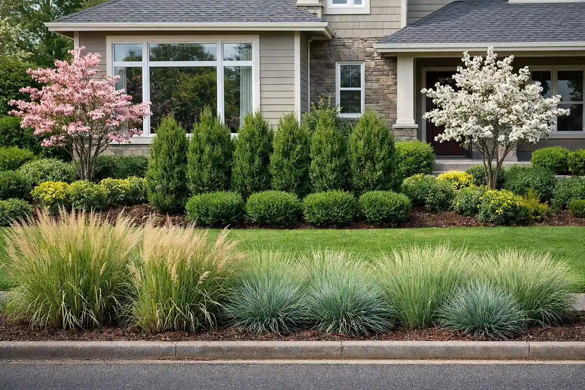 Layered front yard landscaping creating privacy for windows facing a busy road