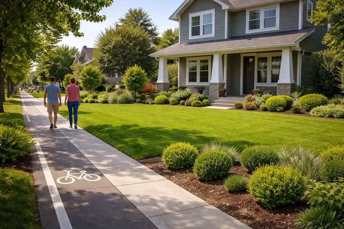 Open lawn and low shrubs providing little privacy from sidewalk pedestrians.