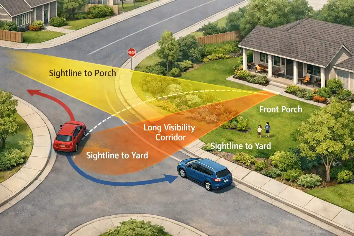 Diagram showing vehicle sightlines toward a front yard at a neighborhood entrance.