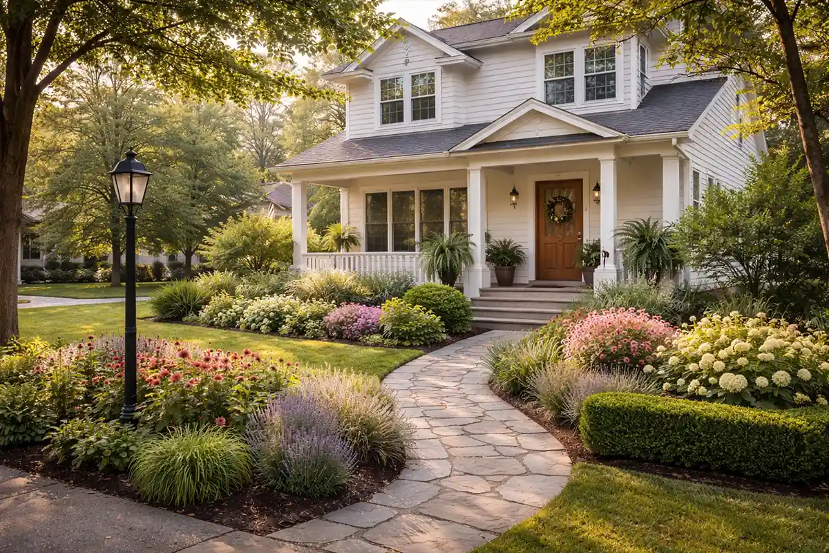 Cottage style front yard garden with stone walkway