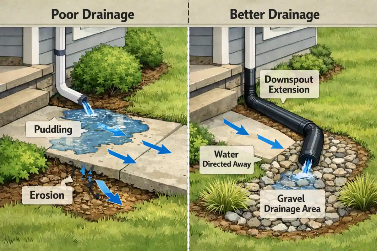 Diagram showing how downspout runoff near a walkway causes puddles and how extensions redirect water.