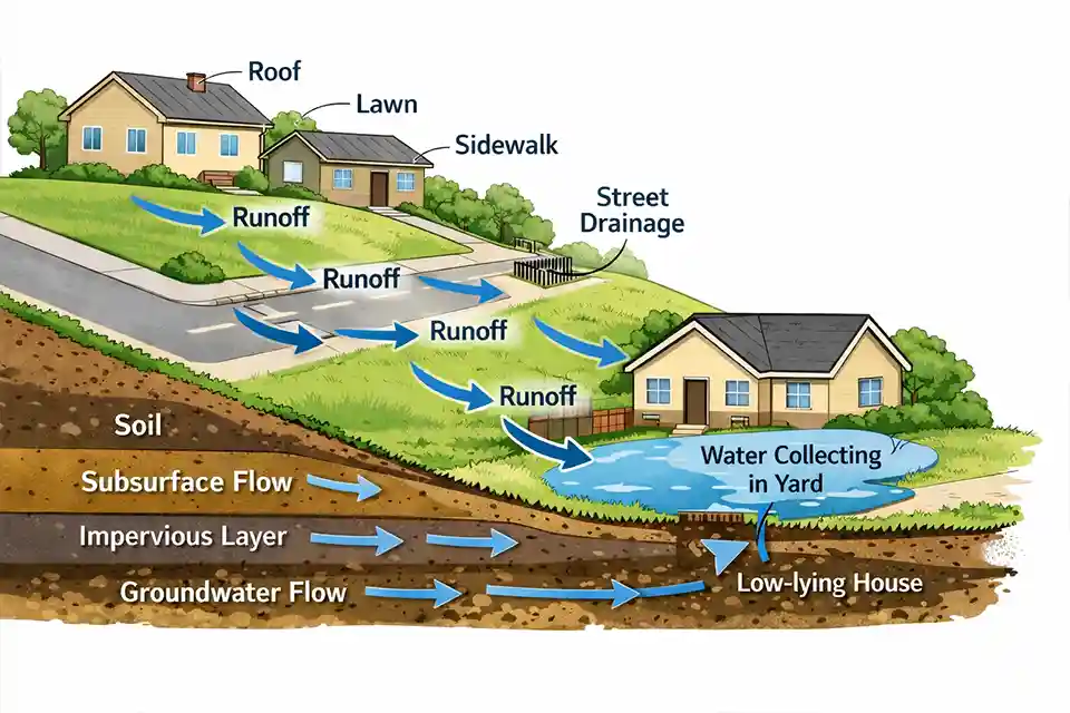 Diagram showing stormwater runoff traveling downhill through a neighborhood toward a lower front yard.