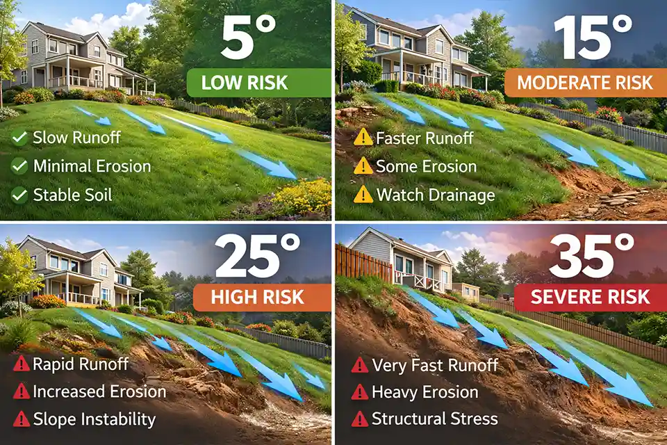 Diagram comparing slope angles in backyards and the associated erosion and drainage risks.