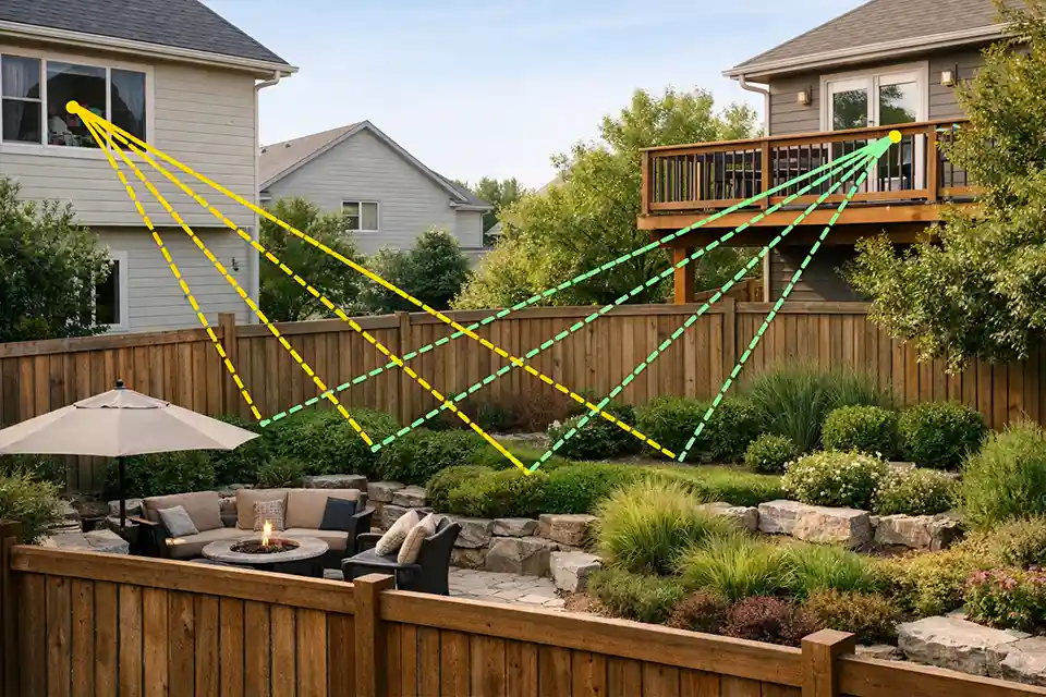 Diagram illustrating backyard privacy sightlines from second-story windows and elevated decks.