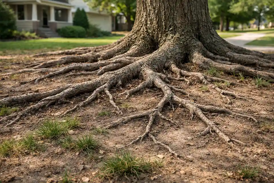 Exposed tree roots and bare soil where grass has failed beneath a mature shade tree.