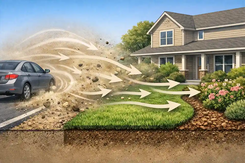 Diagram illustrating how traffic airflow carries dust and debris from a road into a nearby front yard.