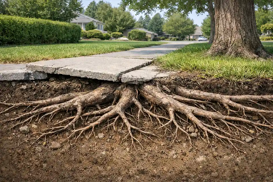 Diagram showing shallow tree roots lifting a sidewalk and damaging lawn soil.
