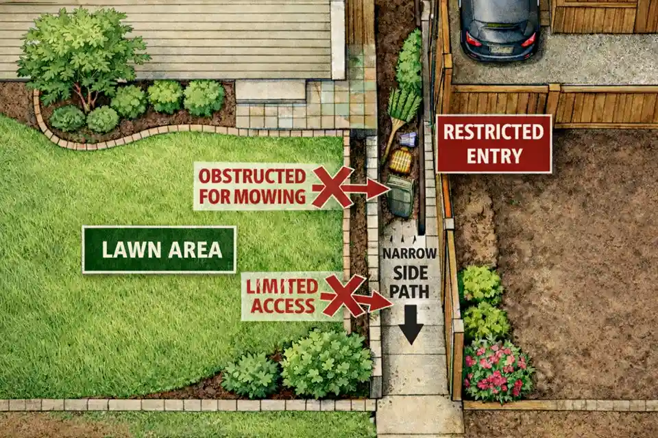 Diagram showing how narrow side access prevents lawn equipment from reaching a small front yard.
