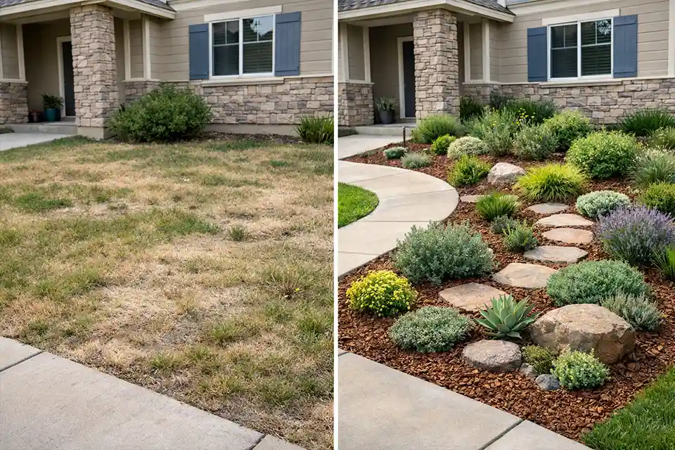 Comparison of struggling HOA lawn versus improved front yard landscaping with mulch and drought-tolerant shrubs.