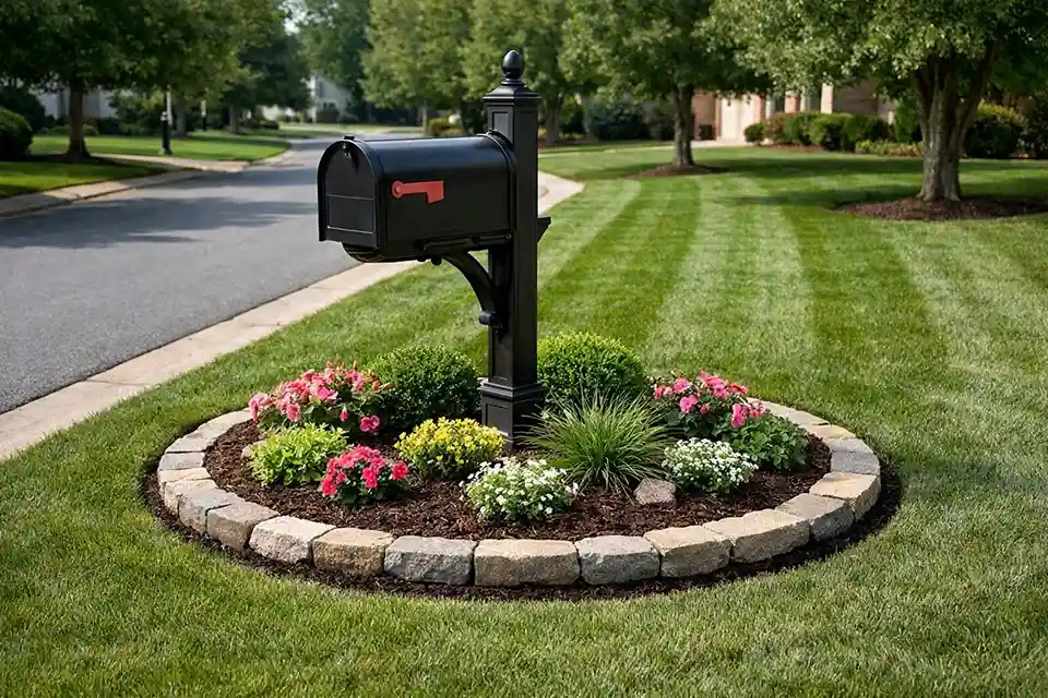 Mailbox surrounded by circular mulch landscaping island improving lawn maintenance and curb appeal.