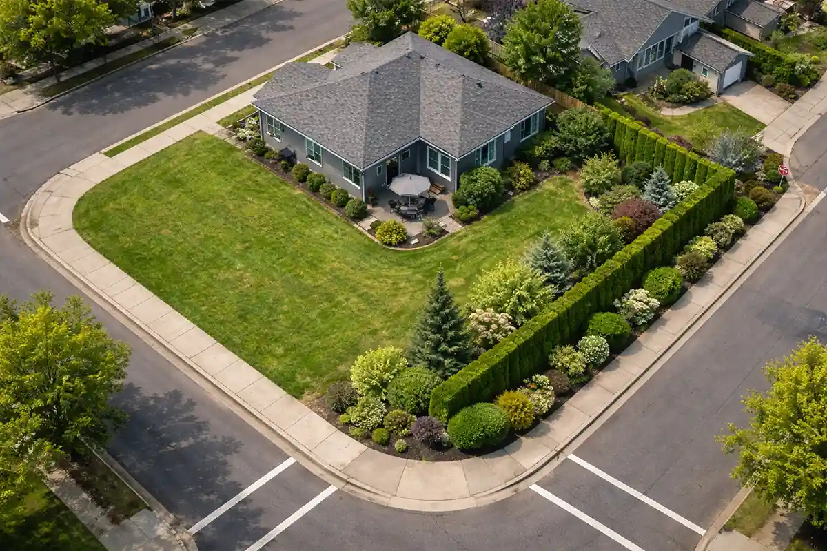 Overhead view of corner lot showing comparison between open front yard and layered shrub privacy buffers.