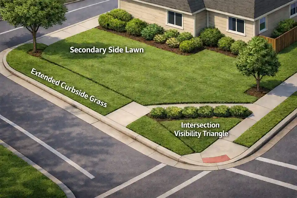 Corner lot front yard diagram showing extended curbside lawn areas and intersection visibility triangle.