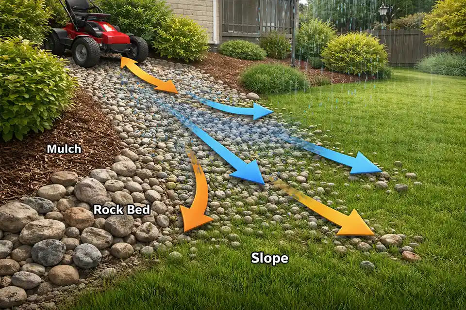 Diagram showing how rainfall, slope, and mowing push gravel from landscape beds into lawn areas.
