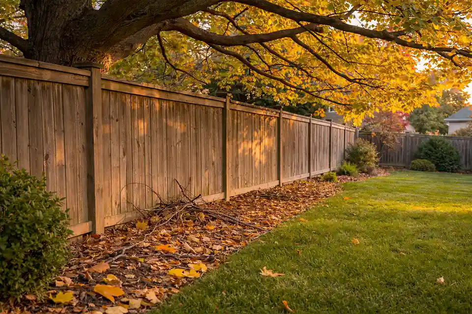 Leaves and twigs accumulating along a fence from an overhanging neighbor tree