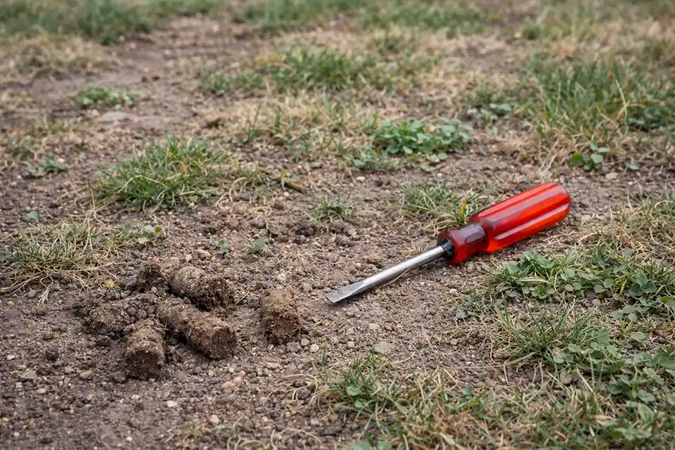 Close-up of patchy grass and compacted soil in a front yard lawn