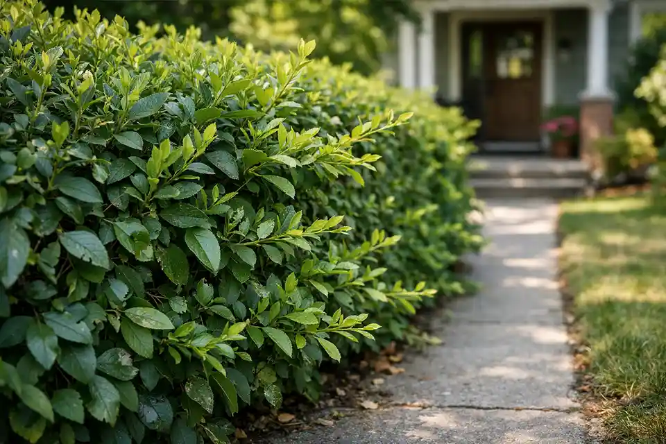 Overgrown fast-growing hedge extending into a front yard walkway