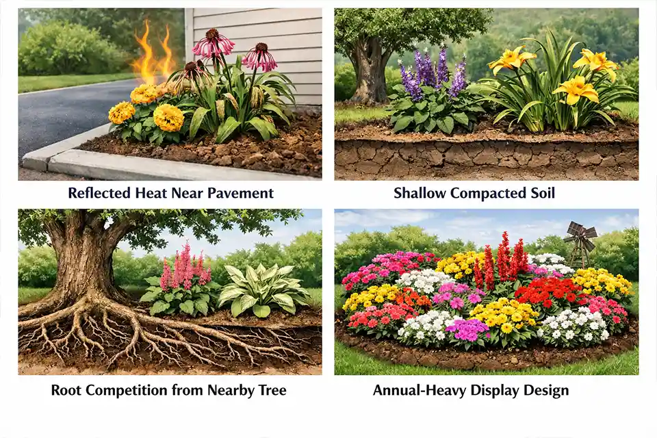Common failure patterns in decorative front yard flower beds that need frequent replanting