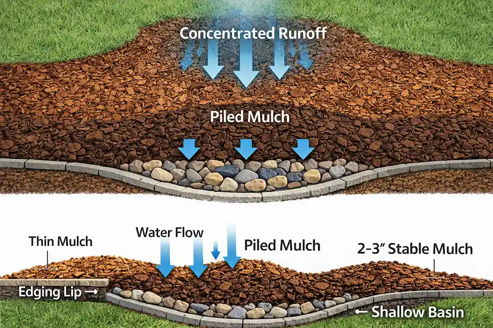 Diagram showing why front yard mulch beds wash away and how edging and basin shaping stop it