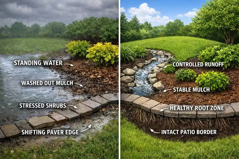 Comparison of poor backyard drainage and properly graded landscaping that prevents long-term costs.