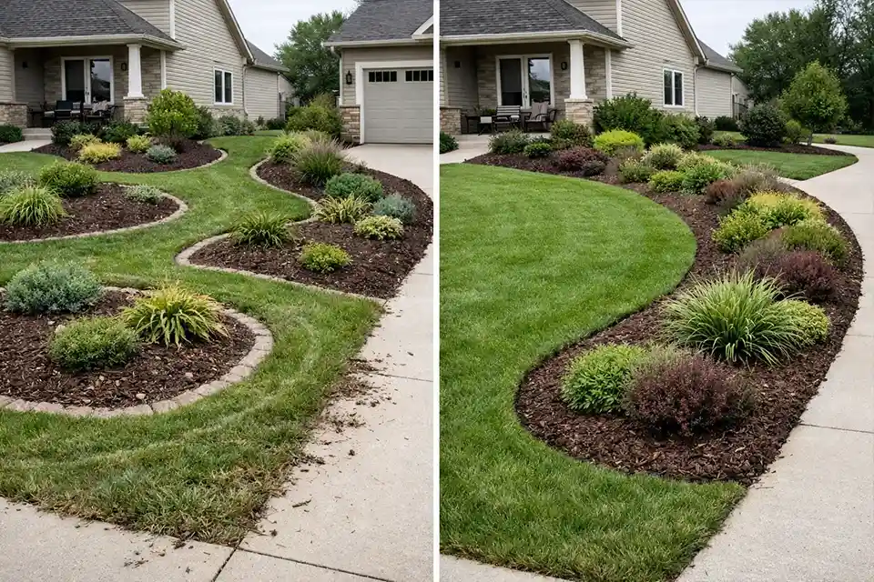 Side-by-side comparison of a fragmented front yard with many small beds and a simpler front yard with broader connected planting beds and fewer maintenance edges.
