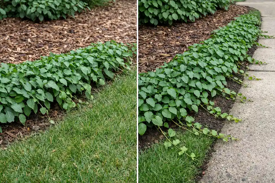 Comparison of front-yard groundcover hanging over a bed edge versus rooted runners spreading into lawn beside a walkway.