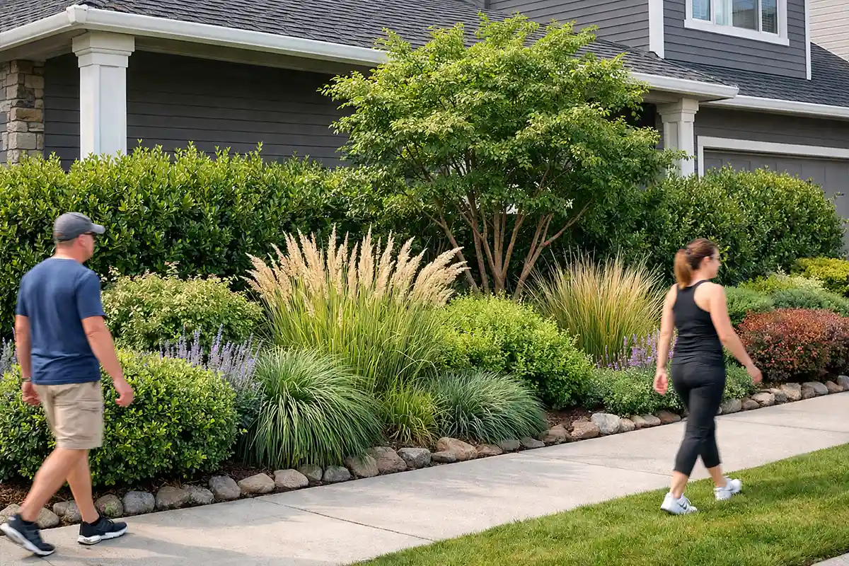 Front yard with shrubs and layered landscaping creating privacy between sidewalk and house window