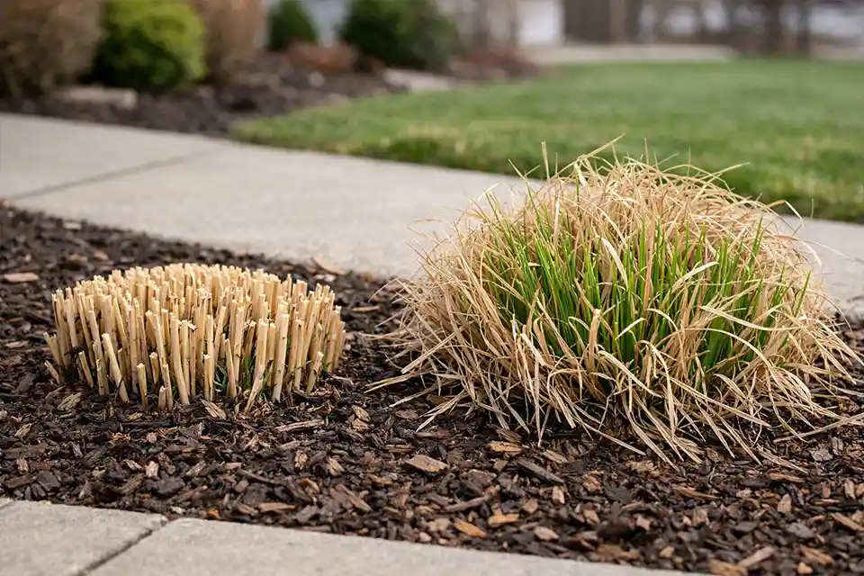 Comparison of ornamental grass cut back before spring regrowth and delayed cleanup after green shoots have started growing through old stems.