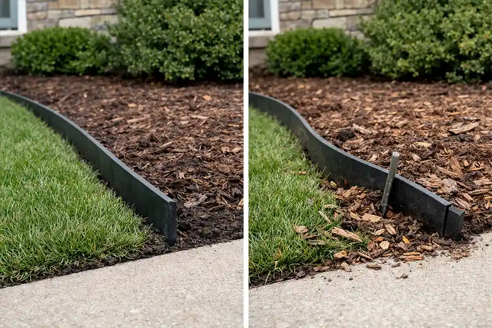 Comparison of stable front yard edging and shifted edging caused by soft settling soil