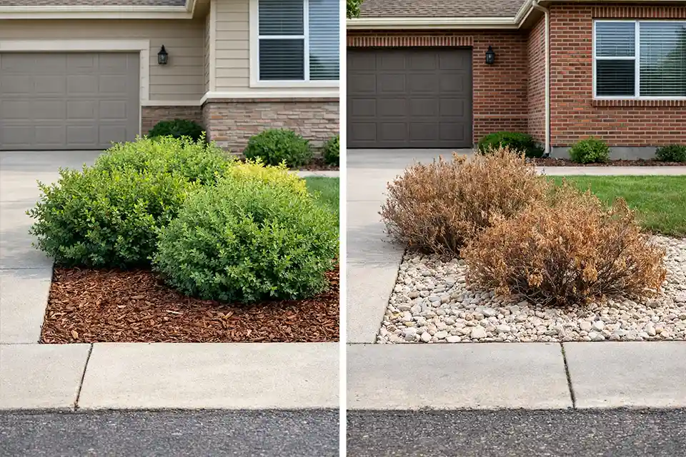 Comparison of a stable front yard planting zone and an overheated planting strip with scorched shrubs beside pavement