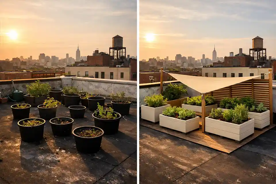 Comparison of an exposed rooftop garden with black pots on a hot dark roof versus grouped light-colored containers under shade