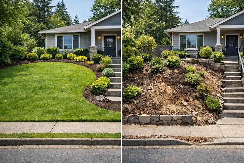 Comparison of a mildly sloped front yard that supports a simple lawn layout versus a steep front yard where slope limits flat landscaping options