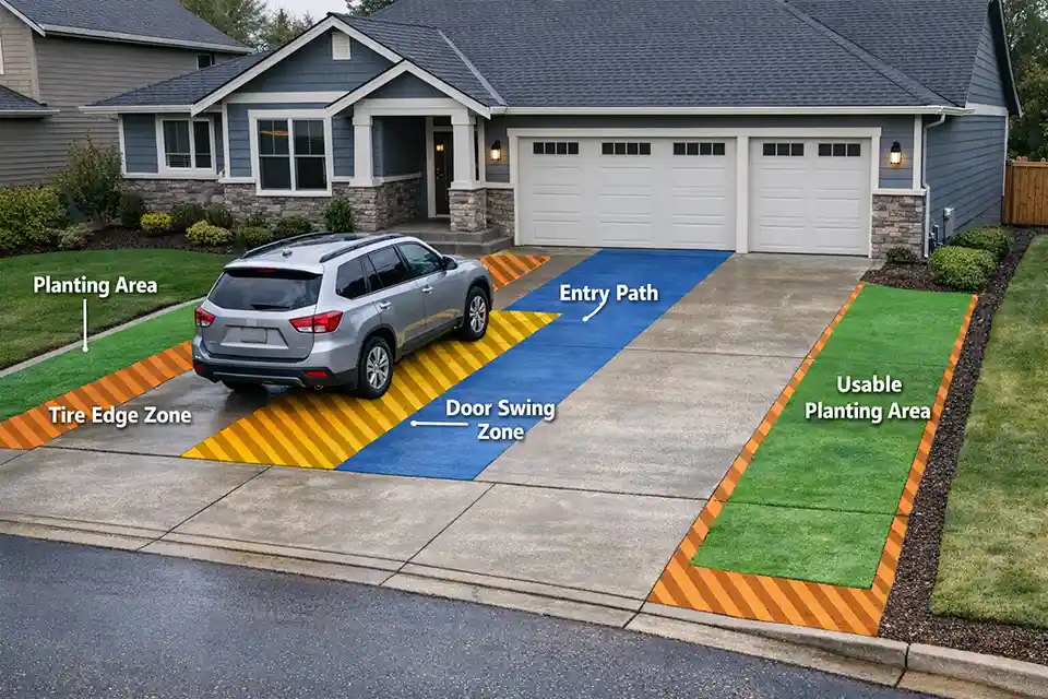Front yard with oversized driveway and overlay showing the limited usable planting space left after car access and walkway clearance